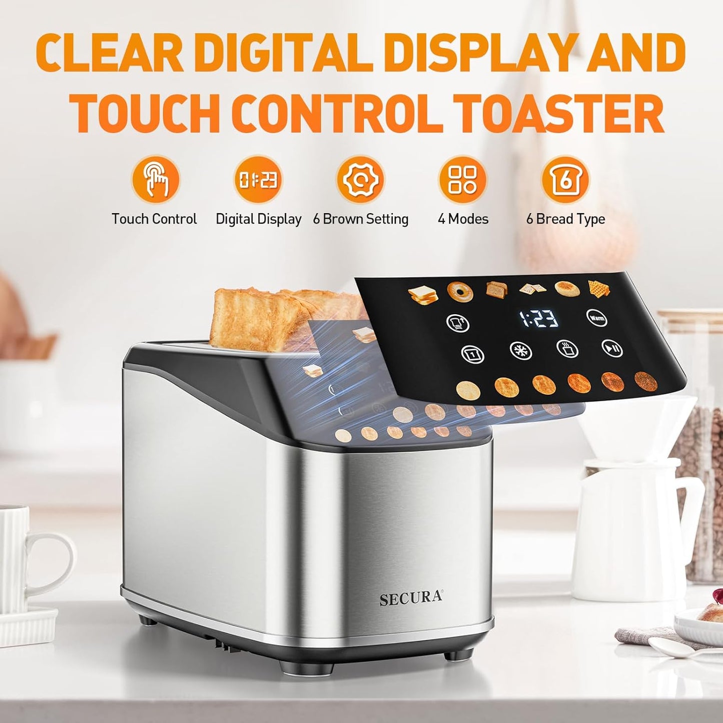 Secura 2 Slice Toaster - Fully Automatic Digital Stainless Steel Design | 6 Browning Levels & Keep Warm Function