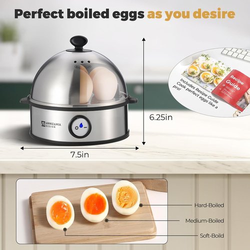 Annie & Mia Design Electric Egg Cooker - Stainless Steel 7-Egg Capacity | Multi-Function Poacher with Auto Shut-Off