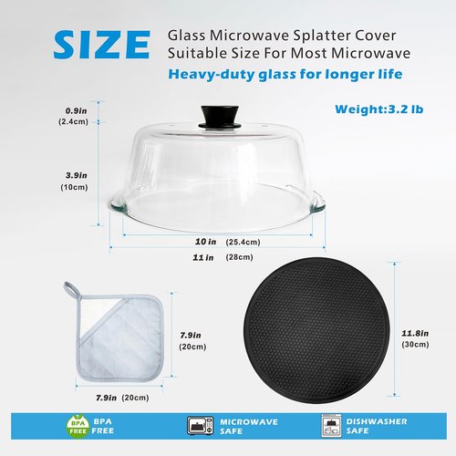 Glass Microwave Splatter Cover with Glove & Mat for Food 10in Glass Plate Cover with 4 Vents Non Plastic Microwave Cover with Easy Grip Silicone Knob BPA Free Food Grade Dishwasher Safe Heavy Duty