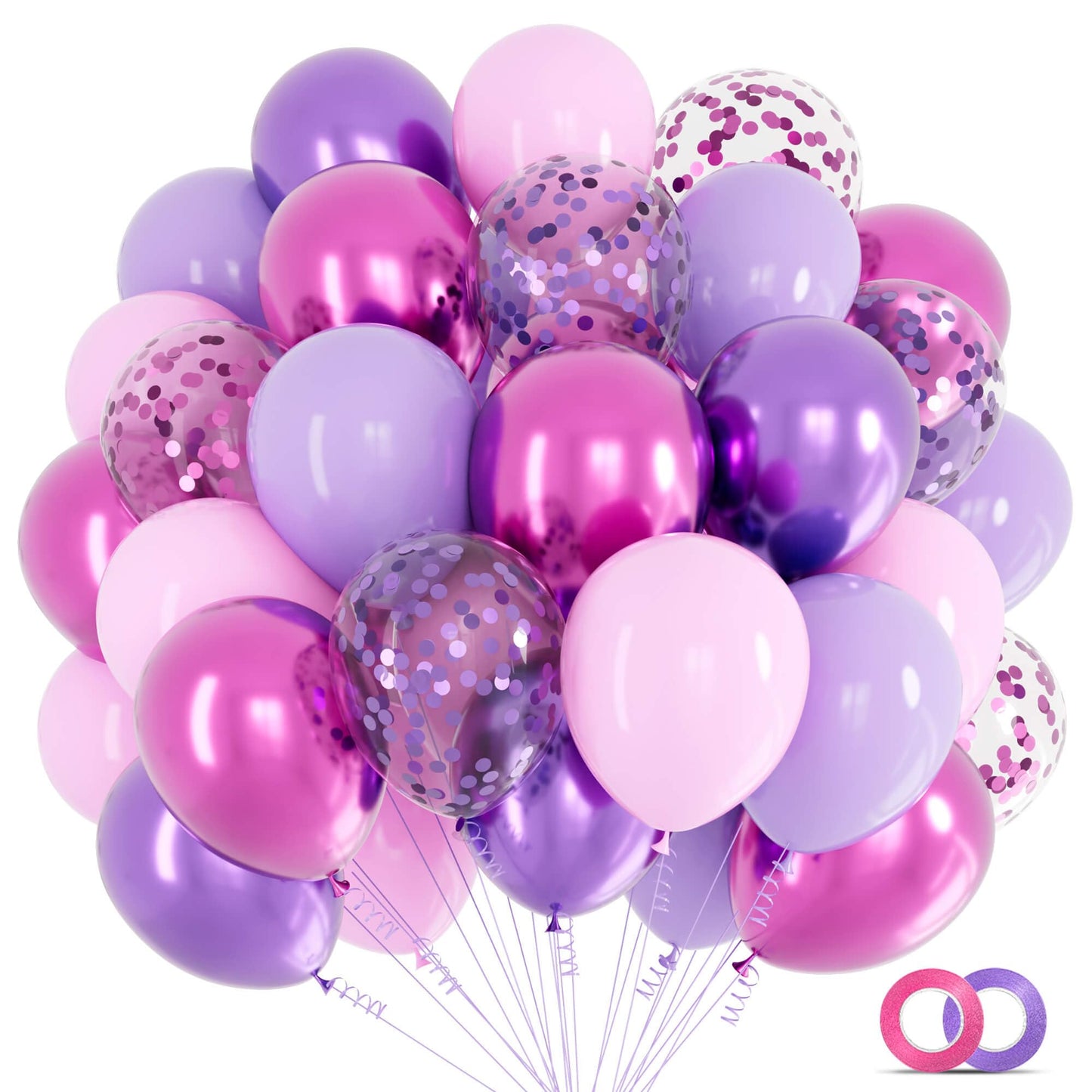 KAWKALSH 68pcs Pink and Purple Balloons, 12 Inch Metallic Purple Pink Confetti Latex Balloons with Ribbon, Party Balloons for Girls Birthday Baby Shower Wedding Party Decorations