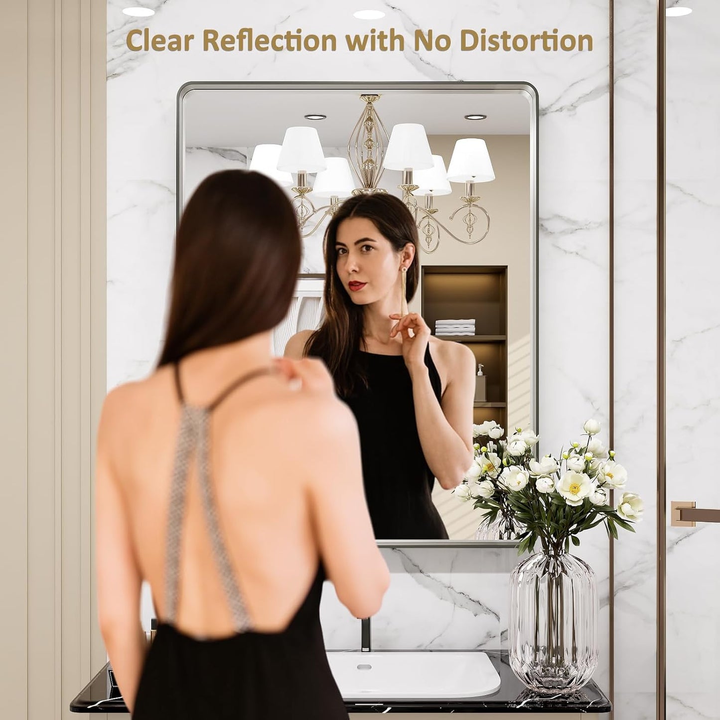 LOAAO Brushed Nickel Bathroom Mirror - 28X36 Inch Rounded Rectangle Design, Anti-Rust & Shatterproof