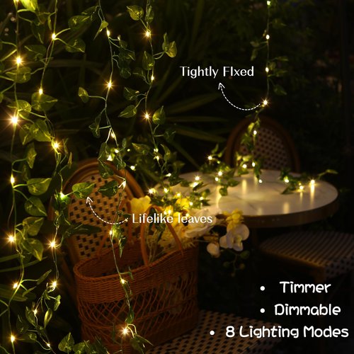 Extra Length 40ft 120 LED Vine with Fairy Lights Pothos String Lights USB Plugin & Battery Operated Leaf Lights with Timer 8 Modes Remote Decorative Light for Bedroom Wedding Party - Warm White