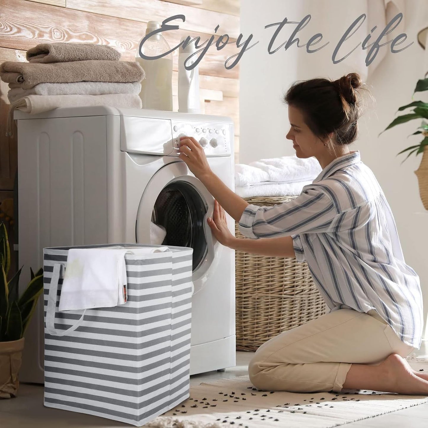 StarHelper Laundry Hamper Large Collapsible Laundry Basket, Freestanding Waterproof Clothes Hamper Storage with Easy Carry Handles for Clothes in Bedroom Bathroom College Dorm for Adults, Gray, 75L