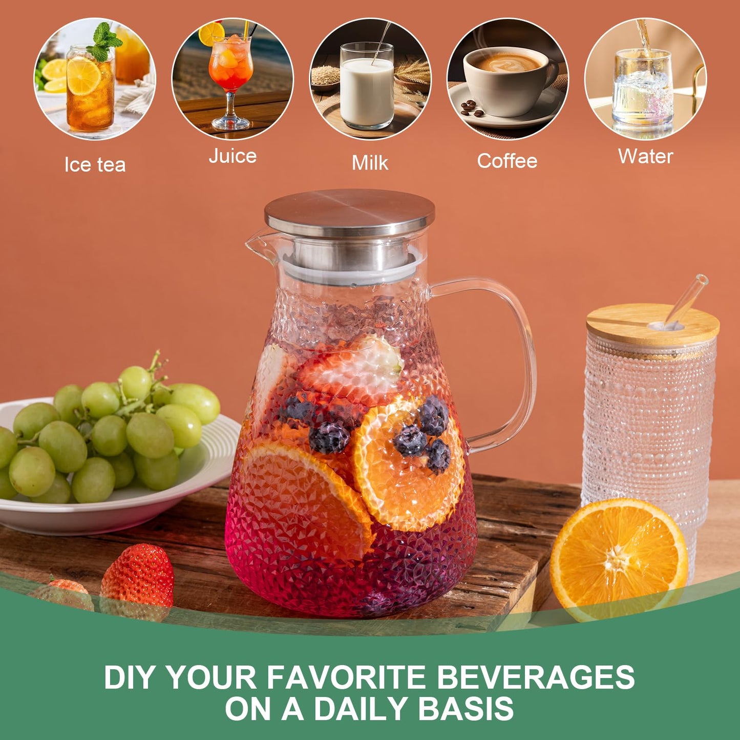 MRZIKPO 1.5 Liter 50 oz Glass Pitcher with Lid and Spout, Glass Carafe for Hot/Cold Water, Large Iced Tea Pitcher for Coffee, Milk,Juice and Homemade Beverage,Iced Coffee, and Container for Drinks