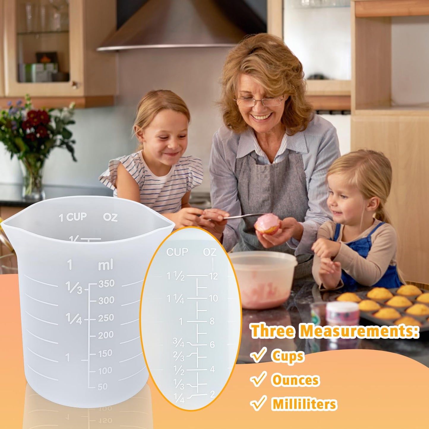 Palksky Silicone Cups for Melting Chocolate, 4PCS Silicone Measuring Cups with 250 & 350ml Capacity, Reusable Baking Supplies for DIY Chocolate Molds