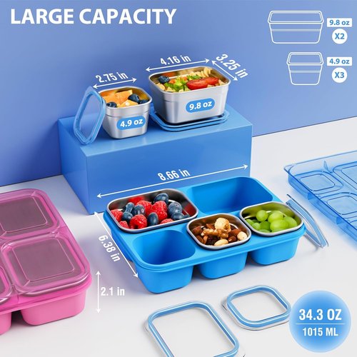 Freshmage Stainless Steel Snack Containers - BPA-Free 5-Compartment Bento Box | 2-Pack Reusable Food Storage (Pink/Blue)