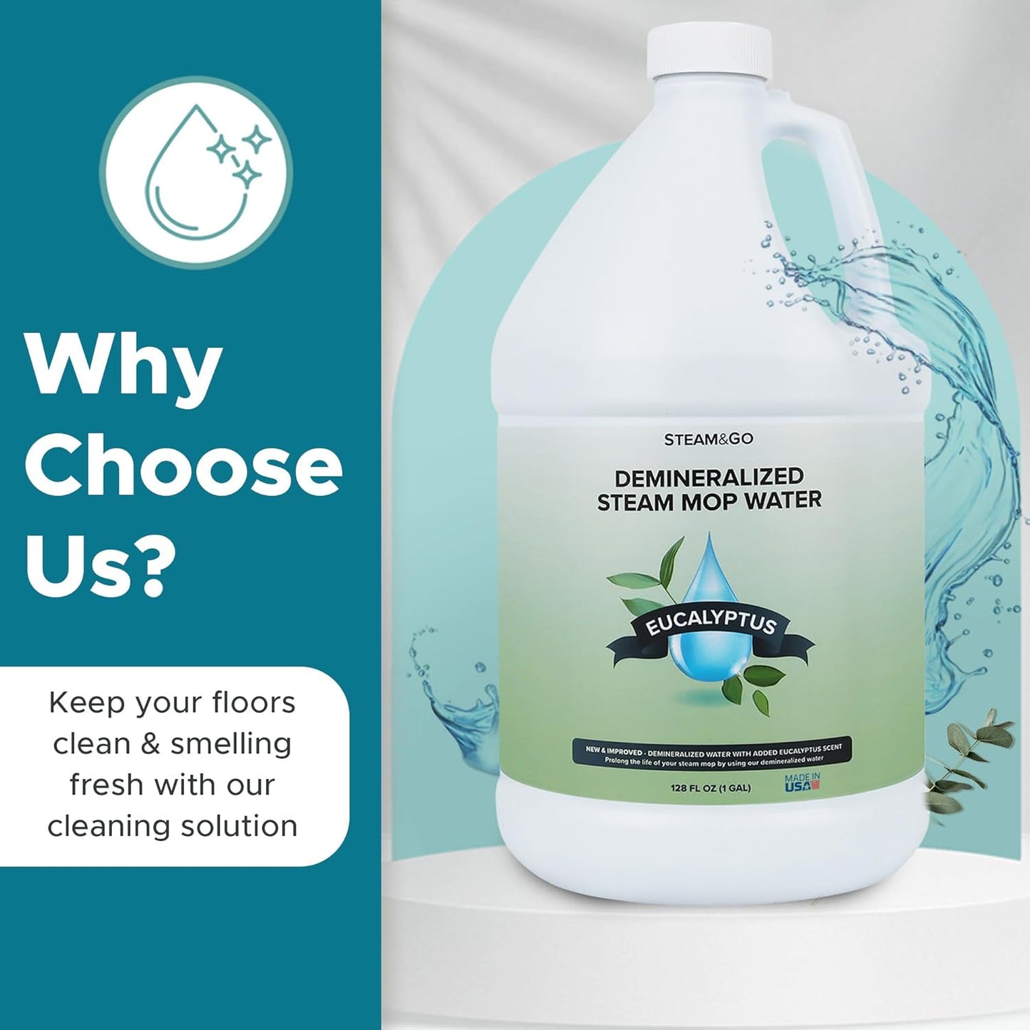 Steam & Go Demineralized Water - Ready-to-Use Multi-Surface Steam Mop Cleaner | Eucalyptus Mint, 128oz