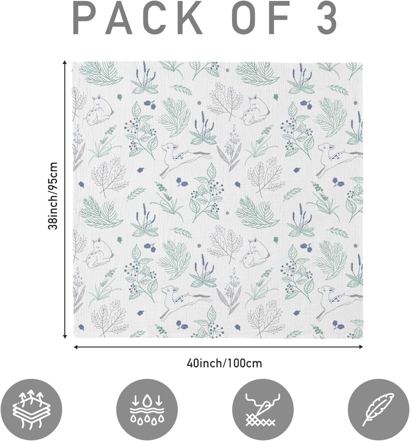 Skiennix Muslin Swaddle Blankets - Breathable Soft Receiving Blankets, 3 Pack, Large 38 x 40 Inches (Fawn & Leaves)
