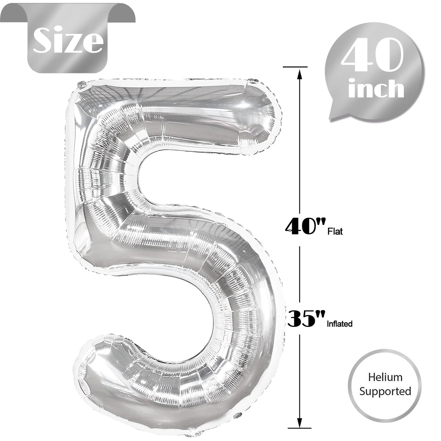 Silver Number 5 Balloon 40 Inch, 5th Birthday Party Decorations for Children, Giant 5 Foil Balloon for Party Supplies