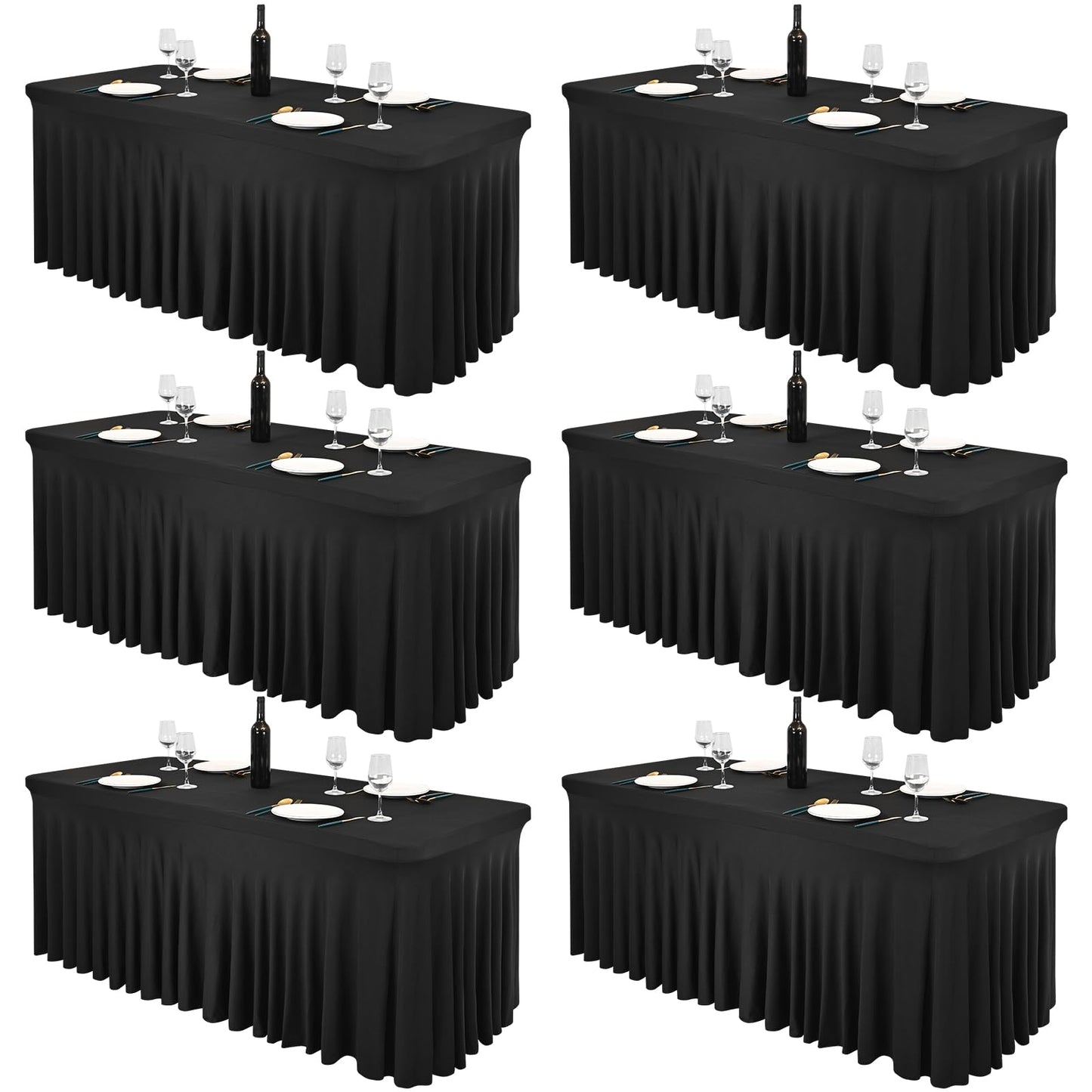 Pesonlook 6 Pack Spandex Table Skirt for 8 Ft Rectangle Tables, Black Fitted Stretch Tablecloth 30 x 96 Inch, Wrinkle Resistant Ruffle Design for Wedding Banquets, Birthday Party, Parties