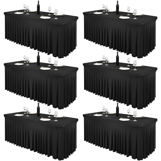Pesonlook 6 Pack Spandex Table Skirt for 8 Ft Rectangle Tables, Black Fitted Stretch Tablecloth 30 x 96 Inch, Wrinkle Resistant Ruffle Design for Wedding Banquets, Birthday Party, Parties