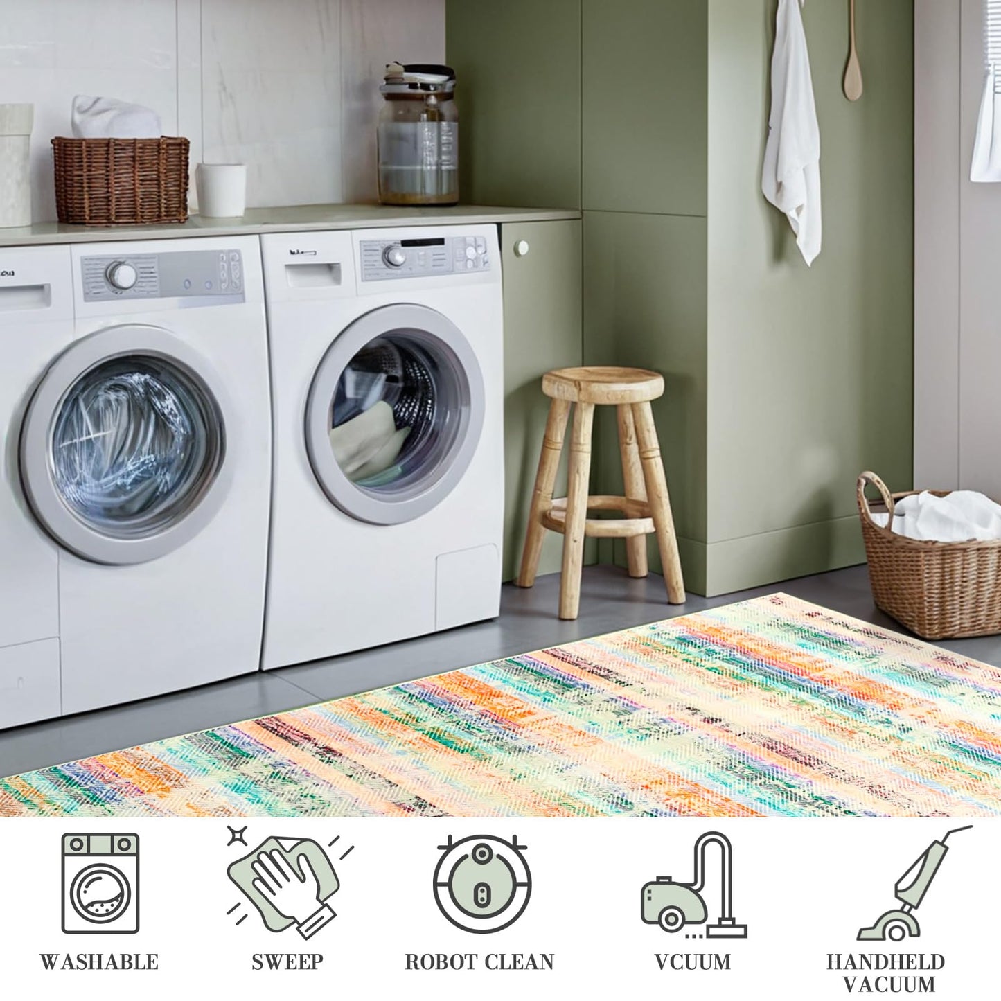 Comeet Modern Washable Rug, 5x8 feet Green Area Rug for Living Room, Indoor Non Slip Carpet for Bedroom Girls, Print Distressed Abstract Rugs for Dining Room Home Office Nursery Dorm Kids Room Decor