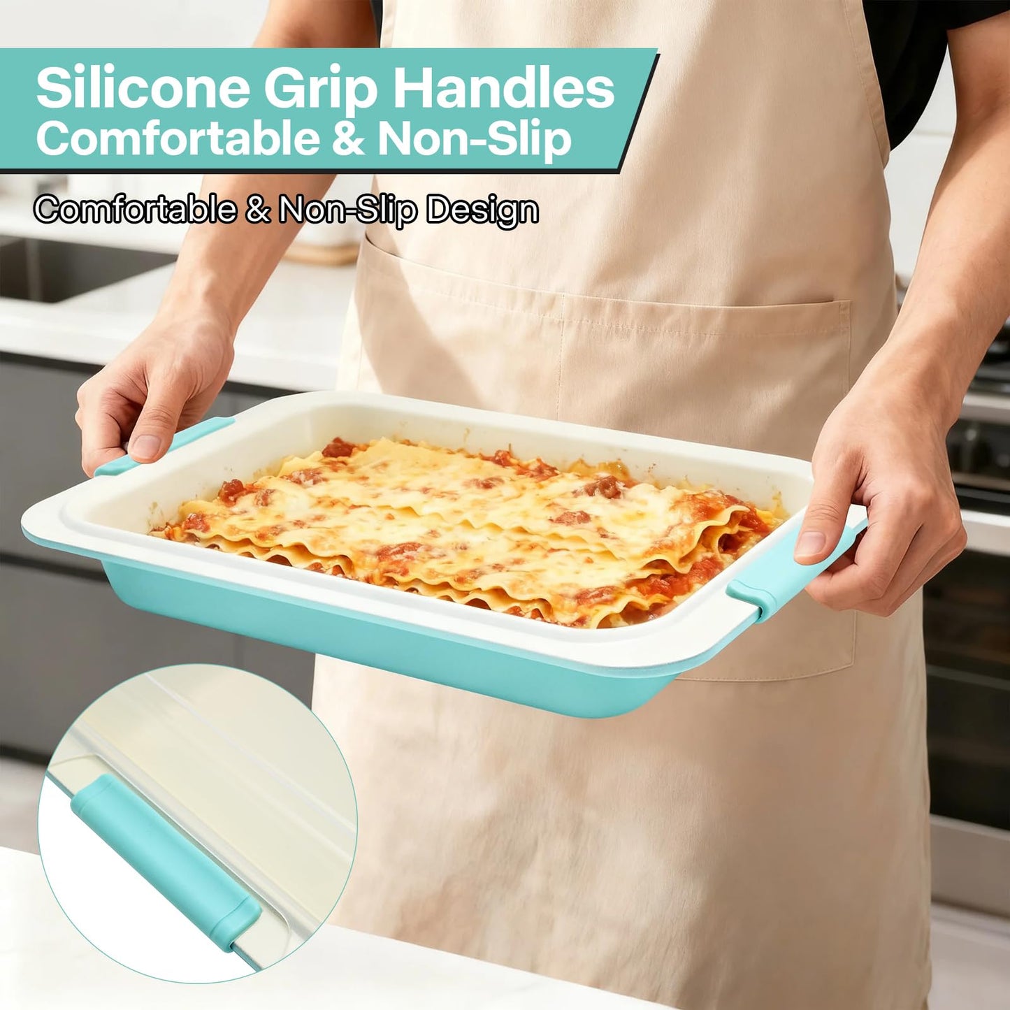 Spmarkt 13x9 Inch Baking Pan with Lid, Heavy-Duty Nonstick Aluminized Steel Baking Pan with Silicone Grip Handles, Bake Cover & Carry Pan for Brownies, Lasagna, Casseroles, Roasting & Potlucks