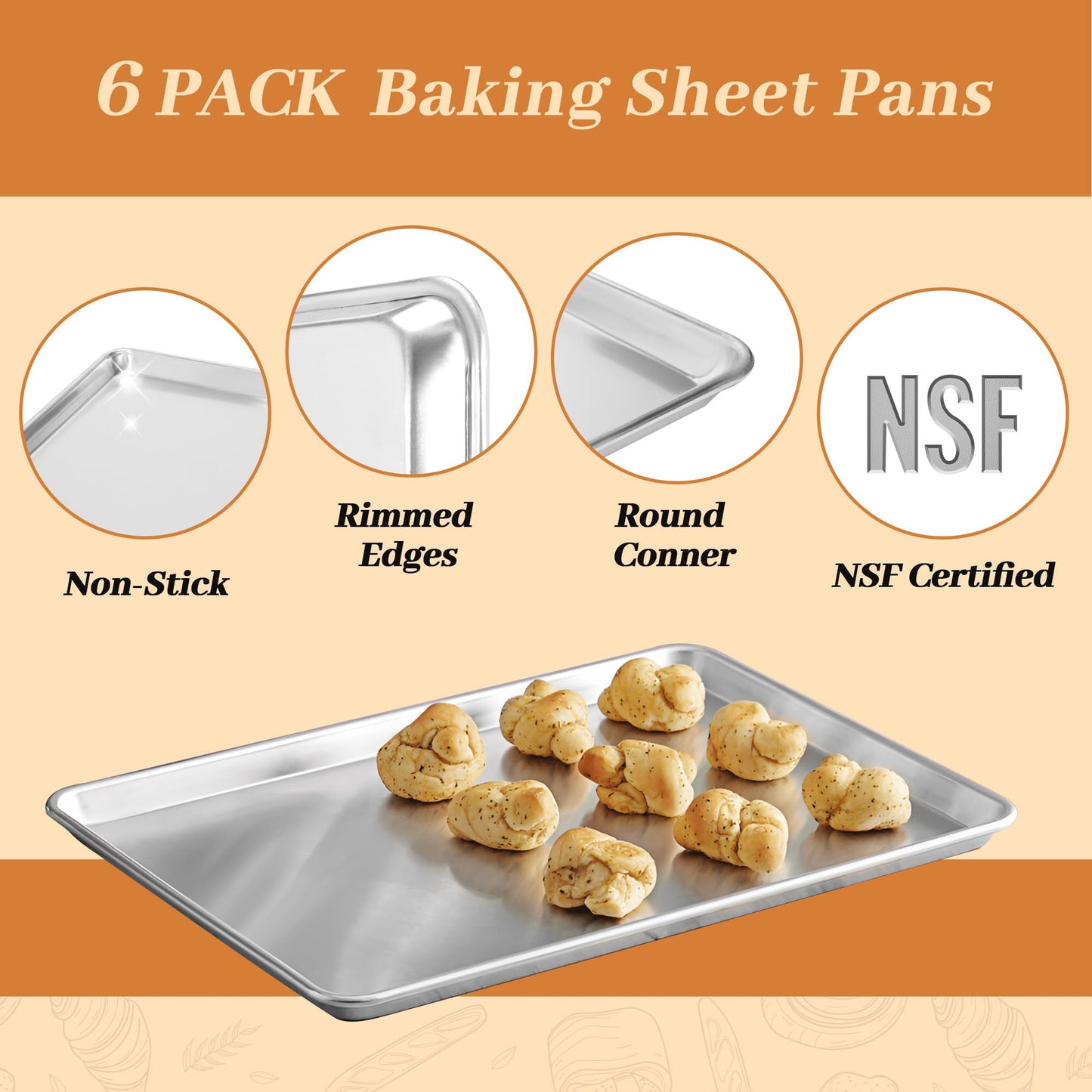 STEELUS 6 Pack Half Size Baking Sheet Pans, Aluminum Commercial Cookie Sheets Non-Stick, 18"x13"