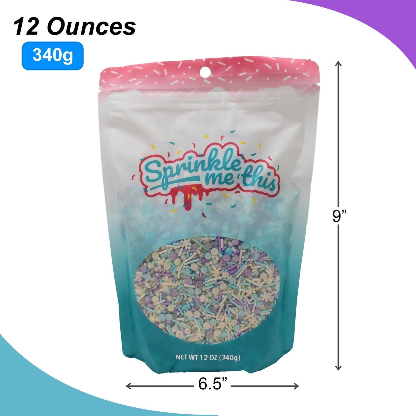 Let it Sprinkle - 12 Oz Resealable Bag - Winter and Christmas Themed Sprinkle Mix - Features Teal, Purple, and White Jimmies, Teal Pearls, and White Snowflake Quins - Cake and Ice Cream Sprinkles