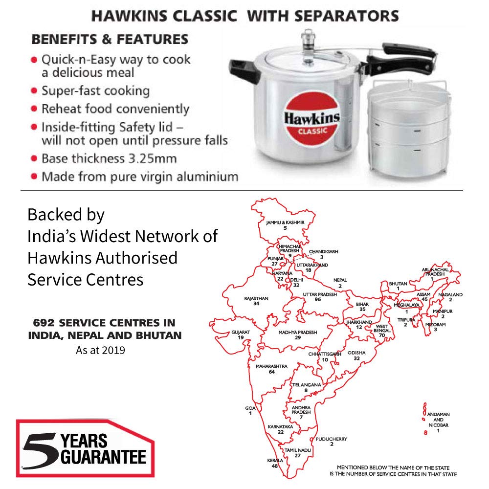Hawkins 6.5 Litre Classic Pressure Cooker with Pots, Inner Lid Cooker with Separator Set, Silver (CL66)