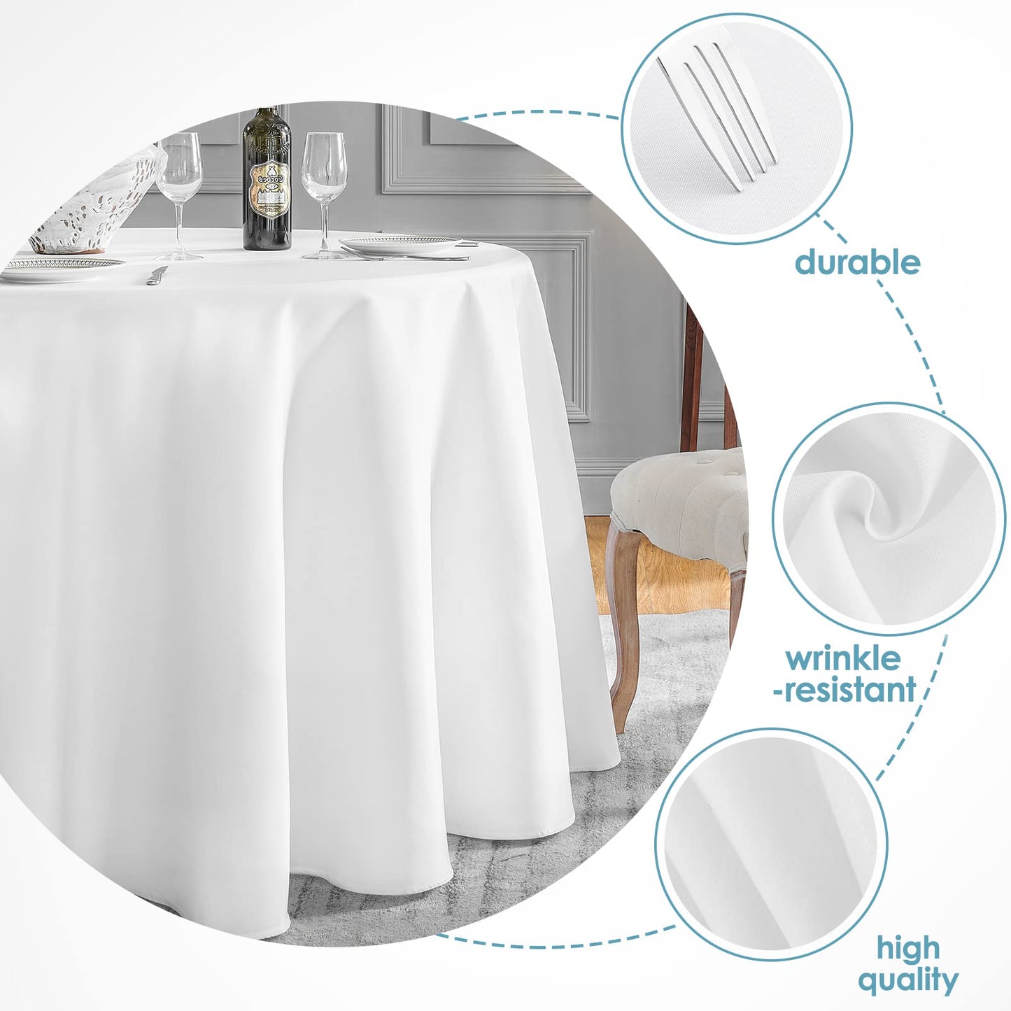 VidaFete 1 Pack 70inch Round Tablecloth Polyester Table Cloth, Stain Resistant and Wrinkle Polyester Dining Table Cover for Kitchen Dinning Party Wedding Rectangular Tabletop Buffet Decoration(White)