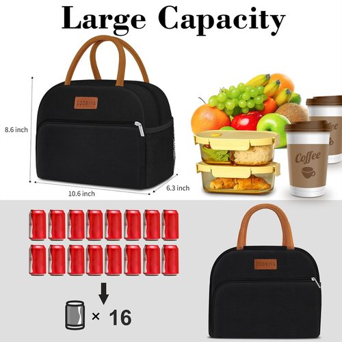 Coobiiya Lunch Box Lunch Bag for Women Men,Reusable Cute Lunch Pail bag,Leakproof,Insulated LunchBox Tote Compact 10L, Cooler Lunch Container for Work Travel Office (Black)