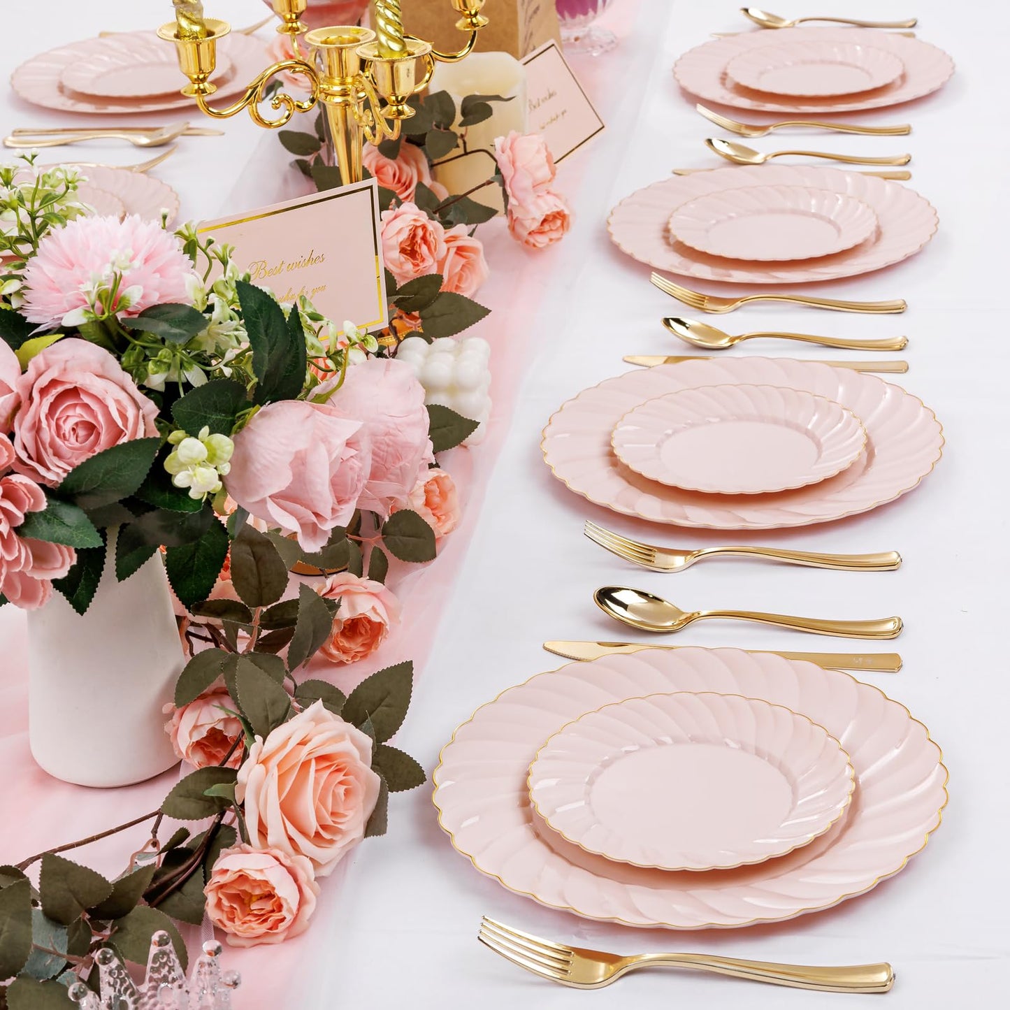 YOUBET 125Pcs Pink Plastic Plates with Gold Rim - Scalloped Plastic Plates Set Includes 25 Dinner, 25 Dessert Plate, 75 Gold Silverware for 25 Guests for Wedding Birthday Baby Shower Mothers Day