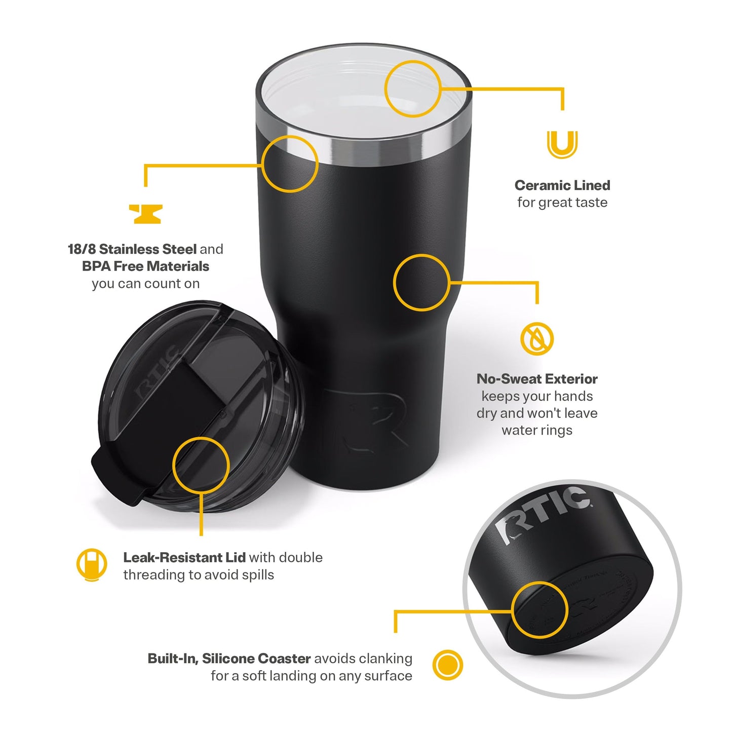 RTIC 20oz Essential Tumbler with Lid, Ceramic Lined, Insulated, Stainless Steel, Metal, Double Wall Vacuum-Insulation, Travel Cup for Iced Coffee, Tea, Hot and Cold Drink, Black