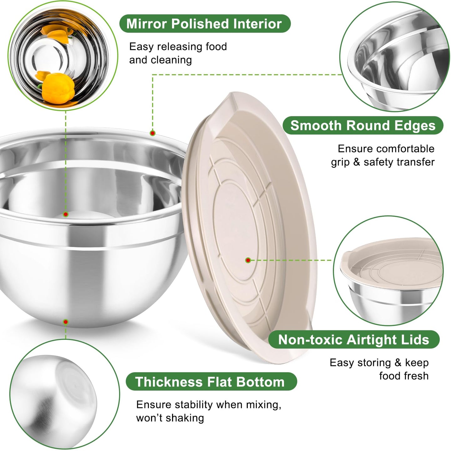 TeamFar Mixing Bowls with Airtight Lids, 5PCS Stainless Steel Metal Salad Bowl with 3 Grater Attachments, for Cooking, Prepping, Serving, Healthy & Easy Clean - 0.7/1/1.5/2.6/4.6QT, Khaki