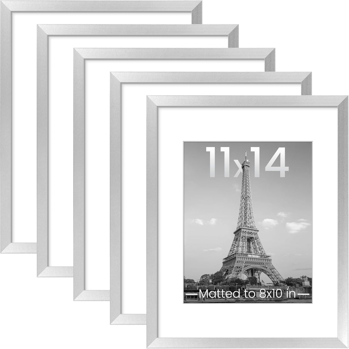 Upsimples 11x14 Picture Frame Set of 5 - Display 8x10 Photos with Mat or 11x14 Without Mat | Silver Wall Gallery Frames