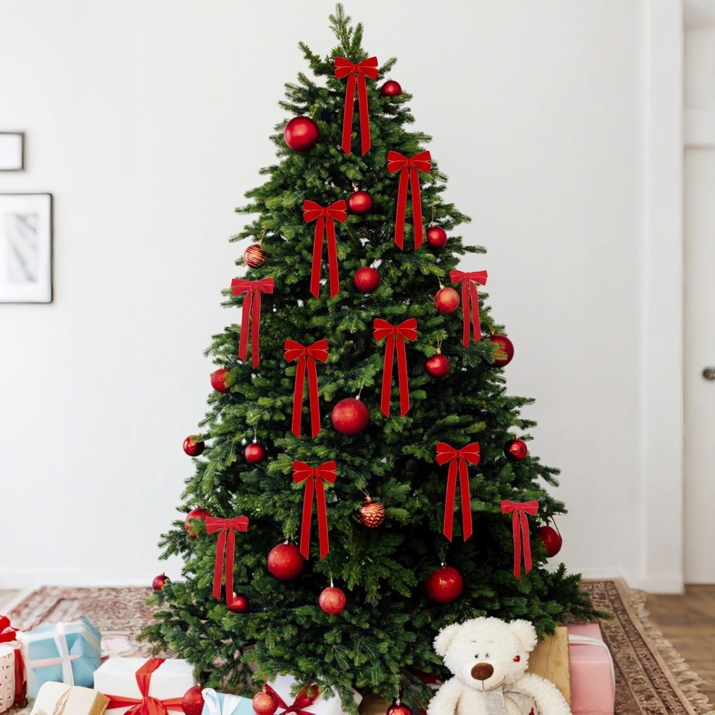 Red Velvet Ribbon Bows by [Brand Name] - 12Pcs Christmas Tree Decorations | 5in x 10in Holiday Ornaments