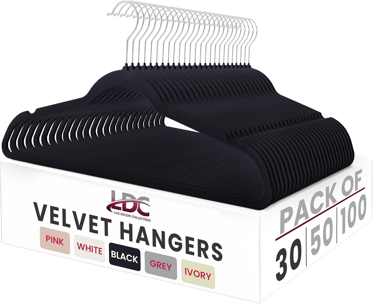 LDC Black Velvet Hangers | 30 Pack Premium Non-Slip Clothes Hangers - Heavy Duty Space-Saving Design