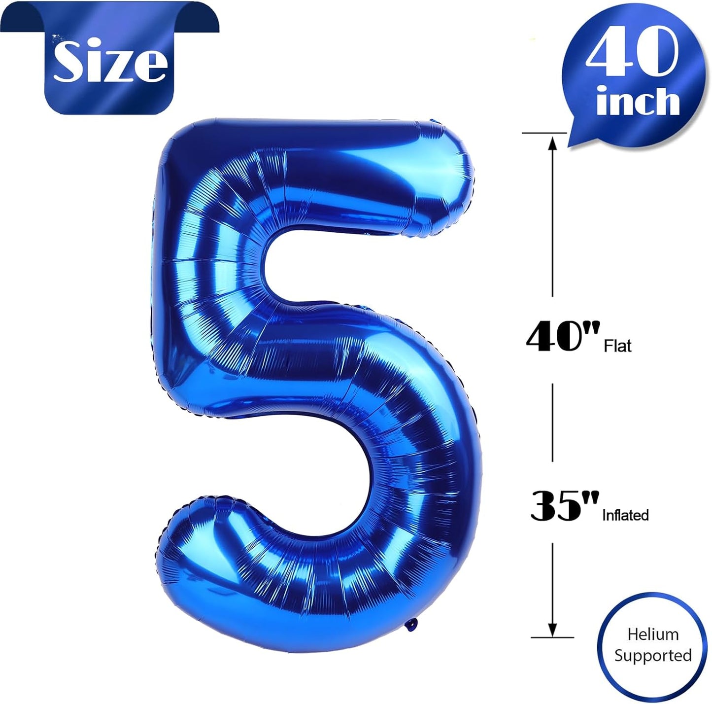 Number 5 Foil Balloon - Metallic Blue 40 Inch | Giant 5th Birthday Party Decoration