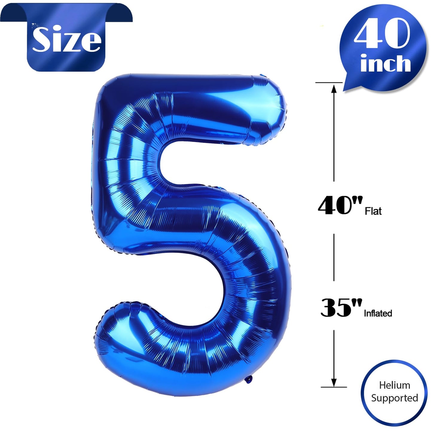 Metallic Blue Number 5 Balloon 40 Inch, 5th Birthday Party Decorations for Children, Giant 5 Foil Balloon for Party Supplies