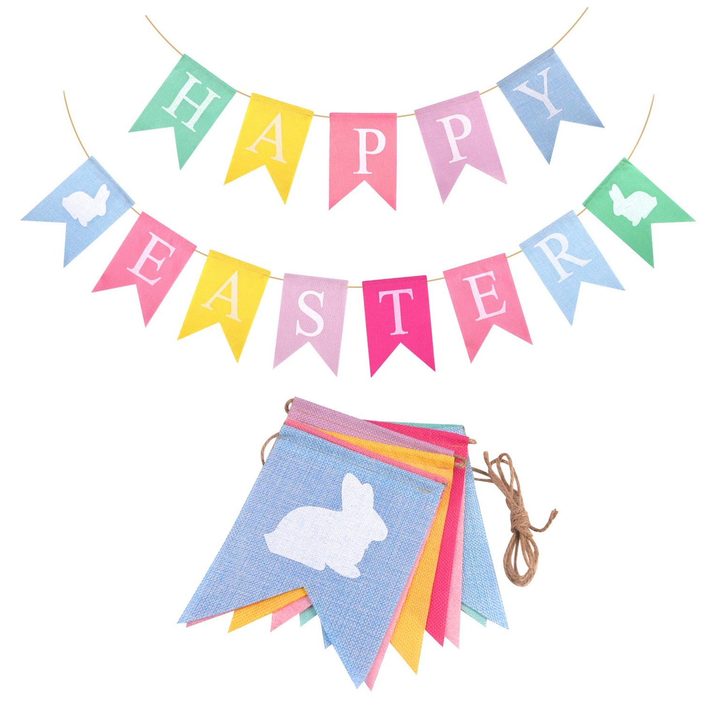 TUPARKA 2pcs Easter Banners, 'Happy Easter' Bunting Garland Decorations, Lightweight Hessian Banner, Pennant Shape, 2.5m Length, Ideal for Party, Indoor & Outdoor, Hand Wash Only