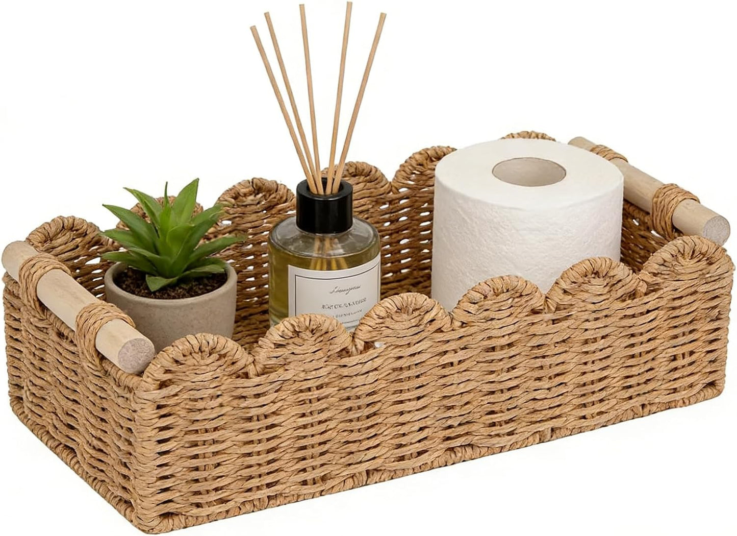 Skiennix Scalloped Edge Toilet Paper Storage Basket - Upgraded Design for Living Room & Bedroom | Neutral Color with 2 Wooden Handles