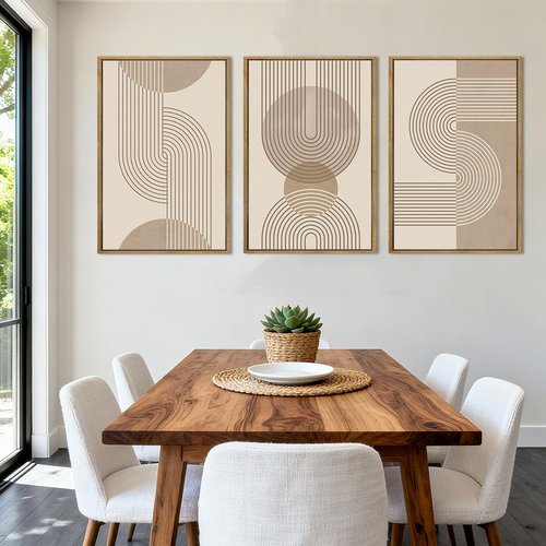 Anyzal Large Abstract Wall Art - Framed Boho Geometric Line Artwork | Minimalist Beige Painting Set of 3 (24''x36'') for Home & Office