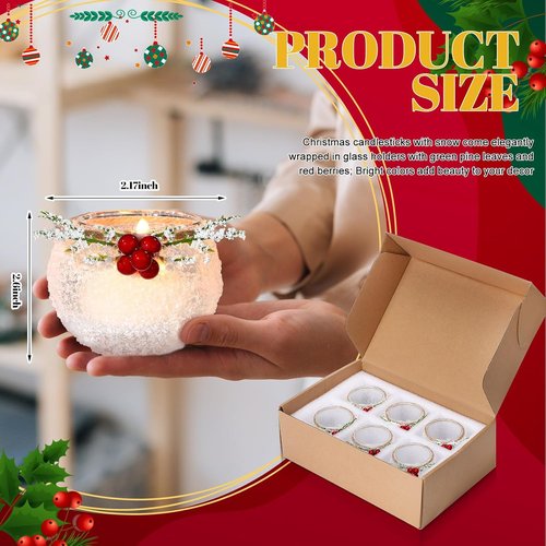 Funnymoom Christmas Votive Candle Holders - 6 Pcs Snowy & Red Berry Design for Table Centerpiece | Indoor Decor