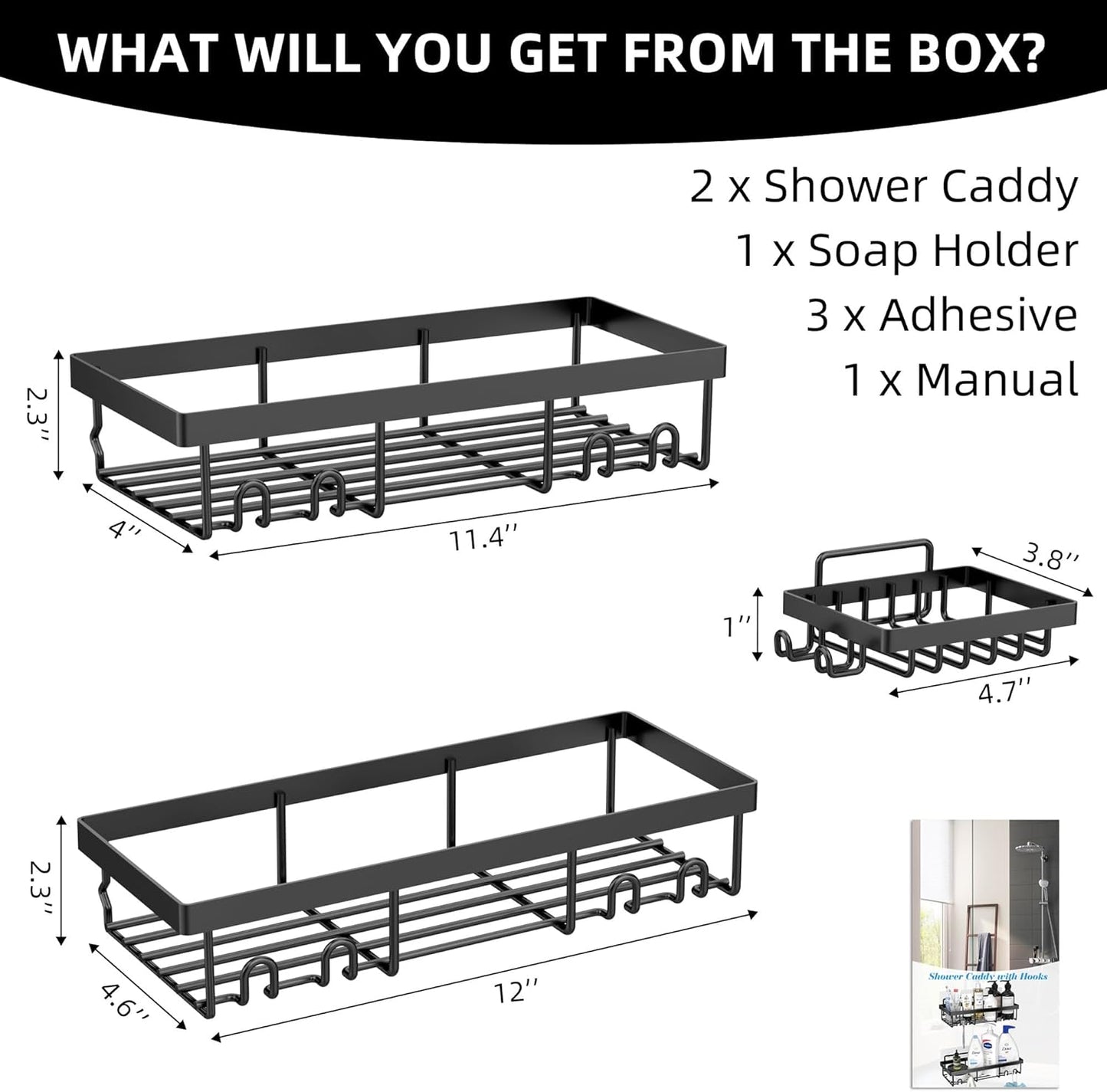 Moforoco Shower Caddy Basket Shelf - No Drilling, Rustproof Black Bathroom Organizer | 3-Pack with Soap Holder