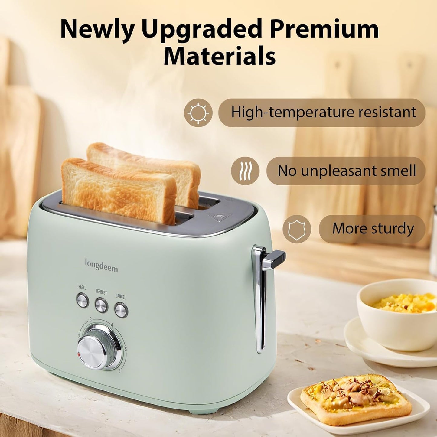 Skiennix 2-Slice Toaster - Stainless Steel with 1.5" Extra Wide Slots & 6 Browning Settings | Green