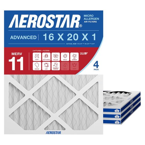 Aerostar 16x20x1 MERV 11 Air Filters - 4 Count Pleated HVAC Filters for Dust, Germs & Allergens