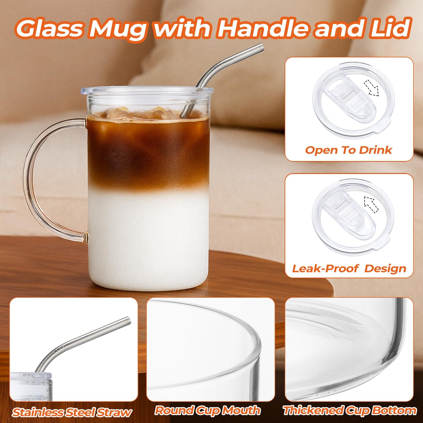Sieral 2 Pack 33.8 oz Glass Tumbler with Straw and Lid Large Glass Cup with Handles Iced Coffee Glasses Reusable Drinking Glasses Set for Iced Coffee Smoothies Drink Juice for Birthday Valentine Gift