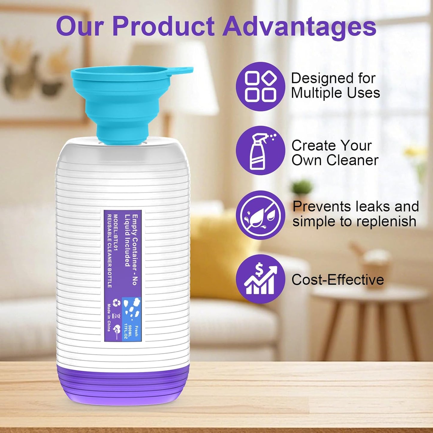 Skiennix Refillable Bottle for Swiffer Power Mop - 500ML Reusable Solution Container with 6 Leak-Proof Seals & Funnel