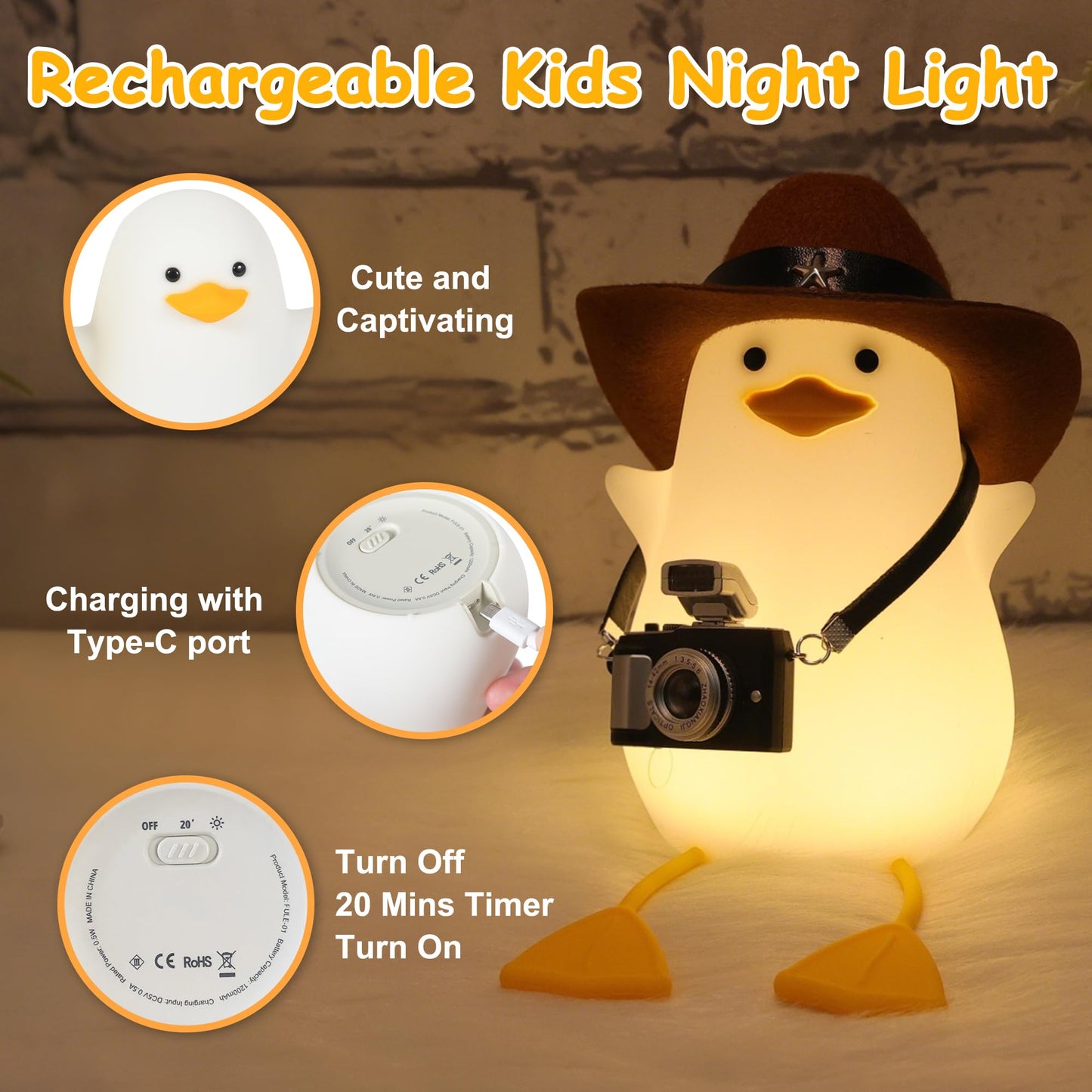 Hinittey Duck Night Light, Squishy Duck Lamp, Cute Bedside Ducks Funny Nightlight with Dimmer & Timer & Rechargeable for Room Decor, Duck Gifts for Girls, Boys, Women, Little Ones-Cowboy Duck
