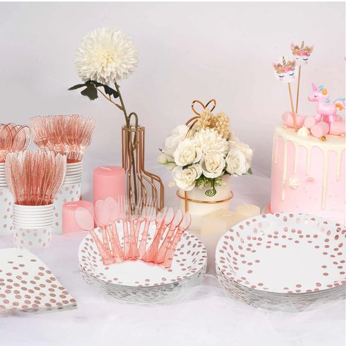 AIRE 175PCS White and Rose Gold Paper Plates Party Supplies for 25 Guests Party Decorations Dinnerware Rose Golden Dot Paper Plates Napkins Cups Gold Plastic Forks Knives Spoons for Wedding Birthday