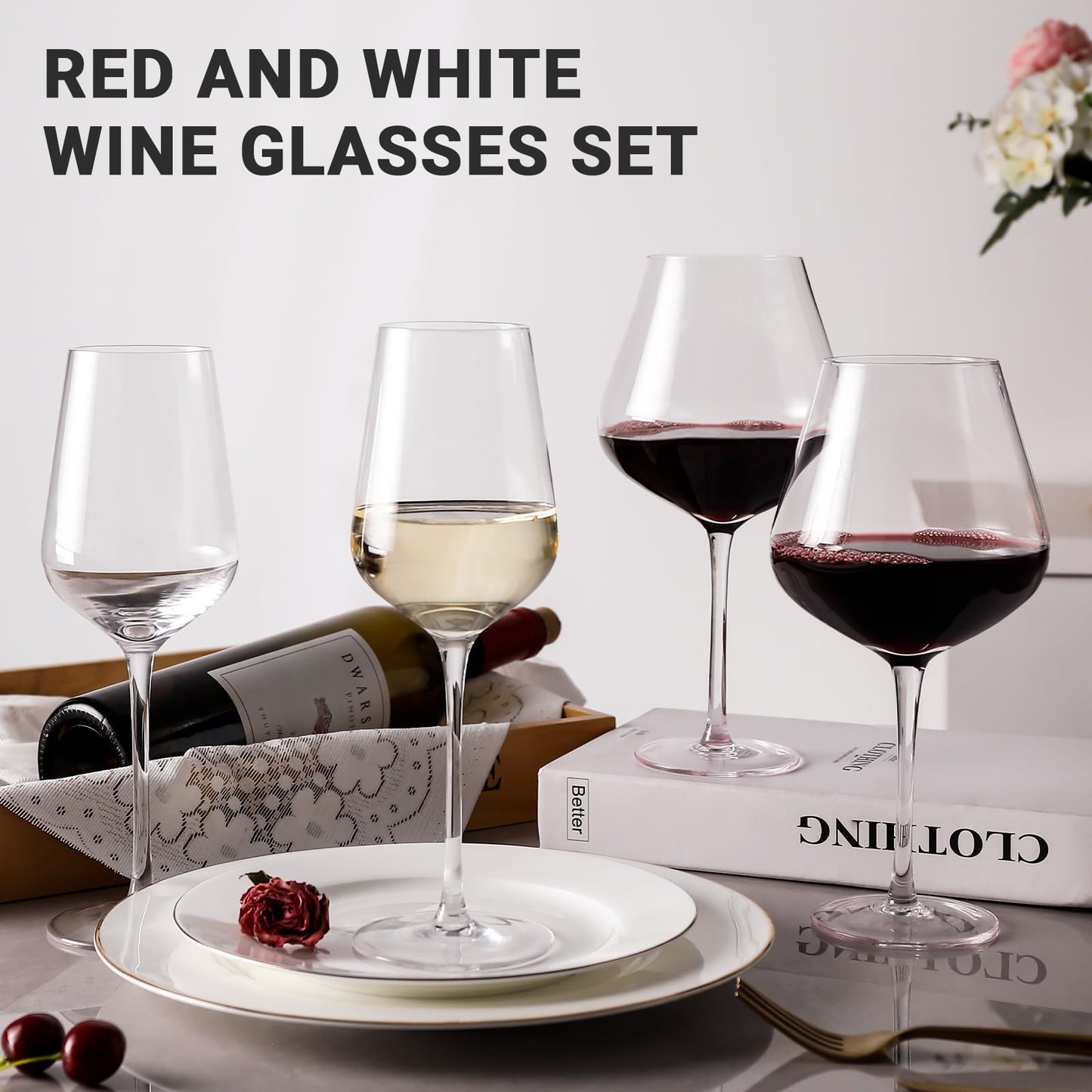Physkoa Wine Glass Set of 4 – 2 Red (22oz) & 2 White (14oz) Hand-Blown Crystal Glasses, Perfect for Birthday, Wedding & Housewarming Valentines's Day Gifts