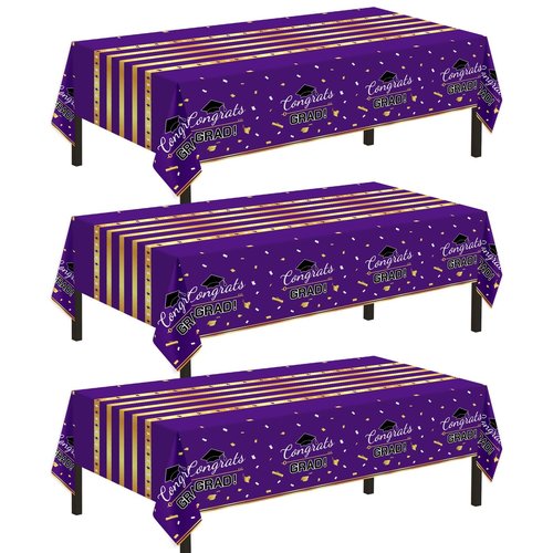 Childom 3 Pack Graduation Tablecloth,Graduation Decorations Class of 2026 Graduation Party Decorations,54"x108" Purple and Gold Plastic Table Cloth Disposable Rectangle for Home,School,Party Supplies