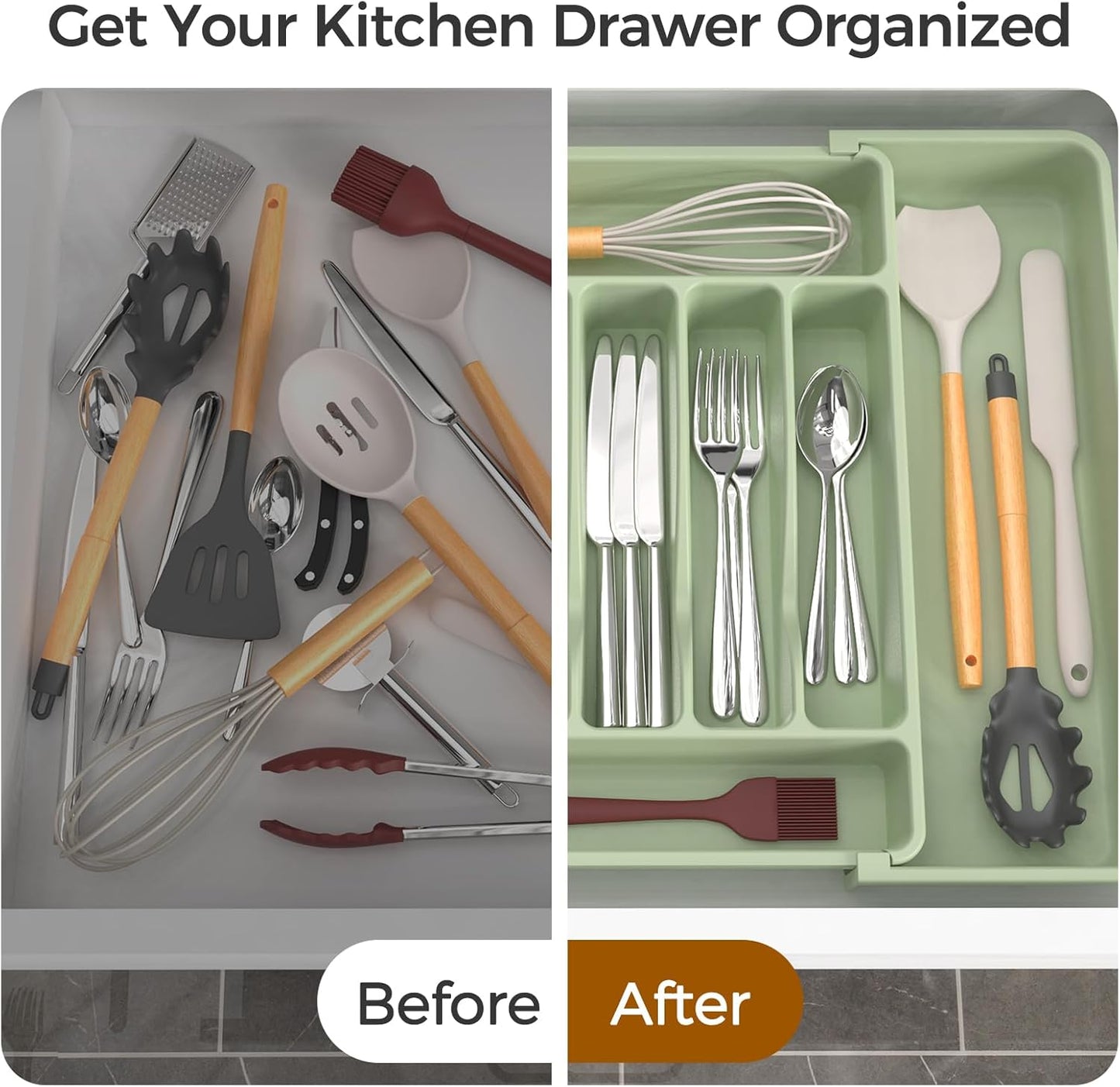Ukeetap Extra Large Expandable Silverware Organizer - BPA-Free Cutlery Drawer Holder | Adjustable Green Design