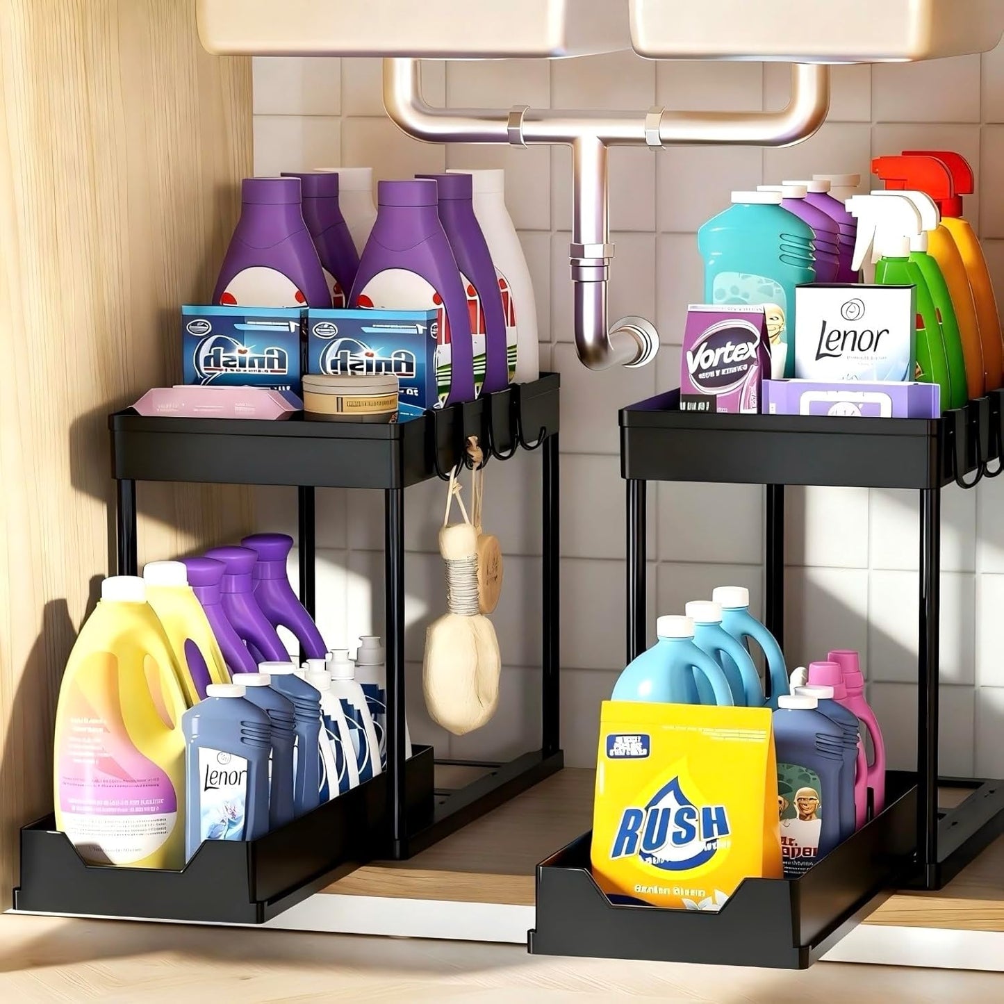Under Sink Organizers by [Brand Name] - 2-Pack Pull-Out Sliding Cabinet Storage with 2-Tier Shelf & 4 Hooks | Multi-Purpose for Kitchen & Bathroom (13 Inch, Black)