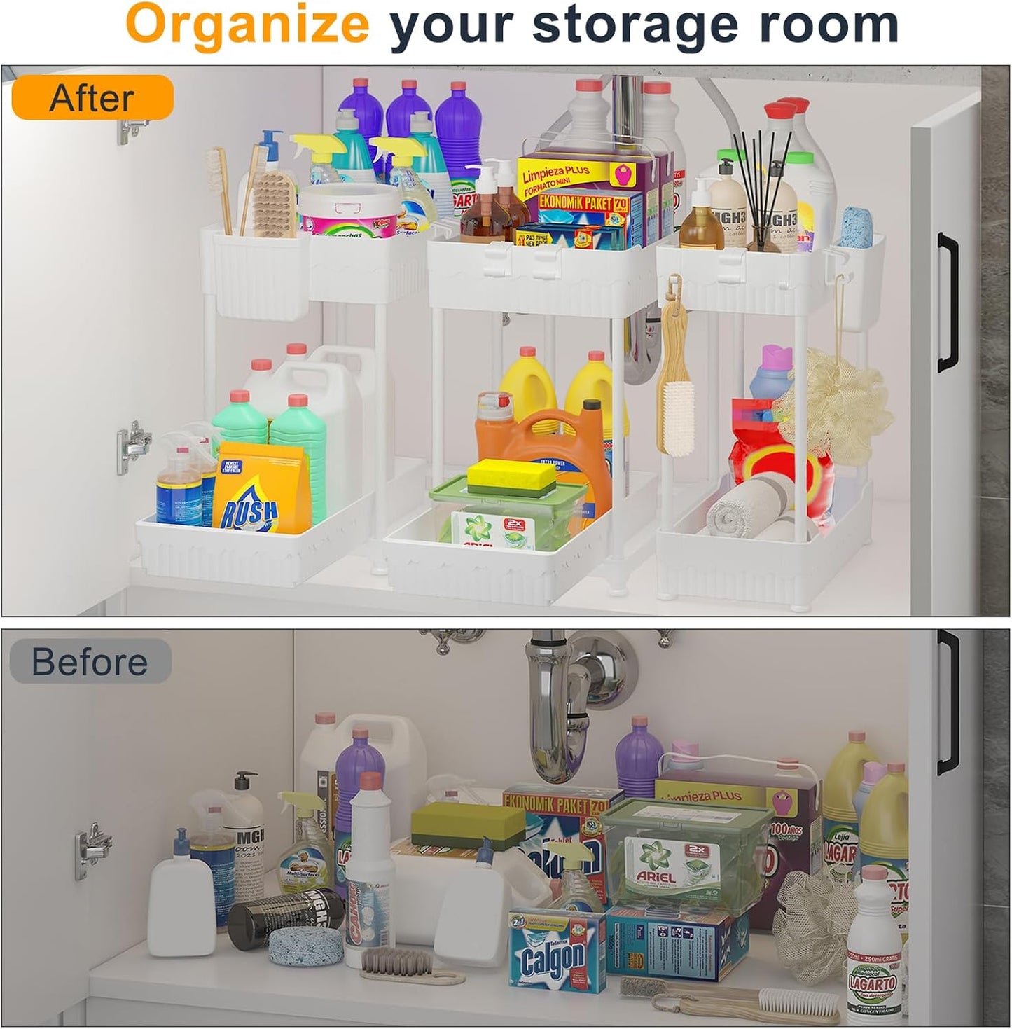 Sevenblue 3-Pack Under Sink Organizers - 2-Tier Kitchen & Bathroom Storage with Sliding Drawers | White, 12.8 Inch