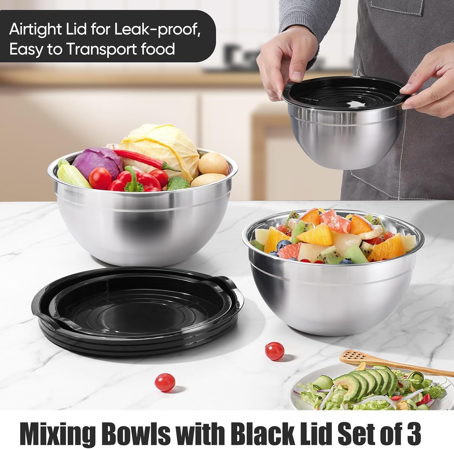 P&P CHEF Mixing Bowls Set - 3 Stainless Steel Bowls with Lids | Airtight, Stackable, 4.6/3/1.5 QT