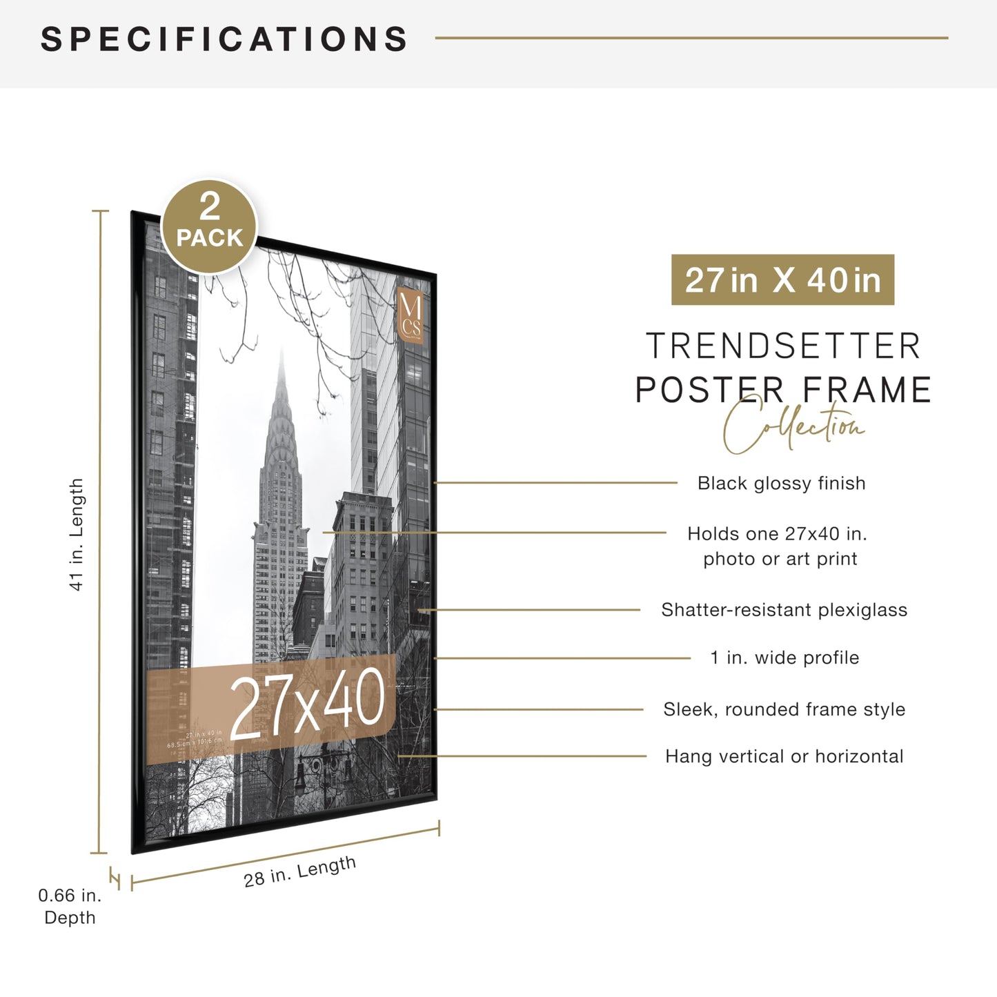 MCS Trendsetter 27x40 Poster Frame Black High-Gloss, Vertical & Horizontal Wall Hanging Large Picture Frame for Photos, Posters & Art Prints (2-Pack)