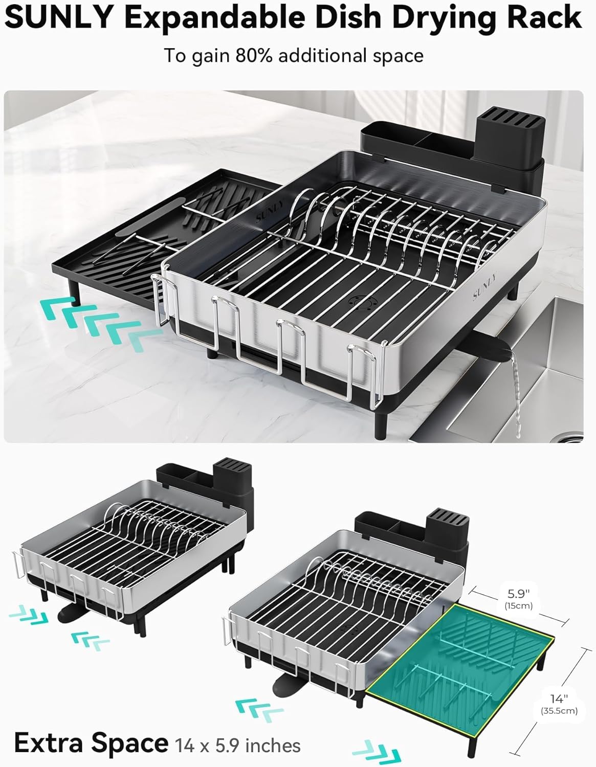 SUNLY Large Dish Drying Rack - Expandable 304 Stainless Steel Kitchen Drainer | Space-Saving Black Design