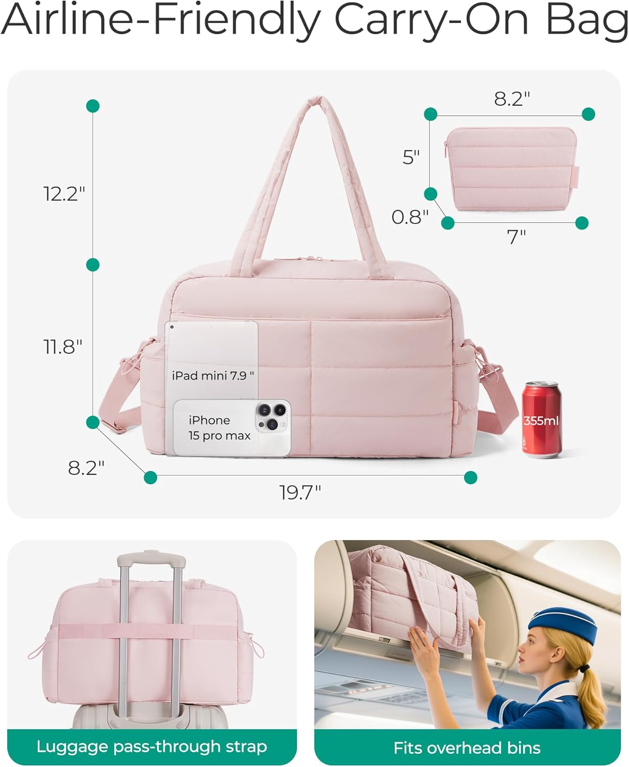BAGSMART Lightweight Puffer Gym Bag - 31L Quilted Duffle & Tote for Travel, Water Resistant, Pink